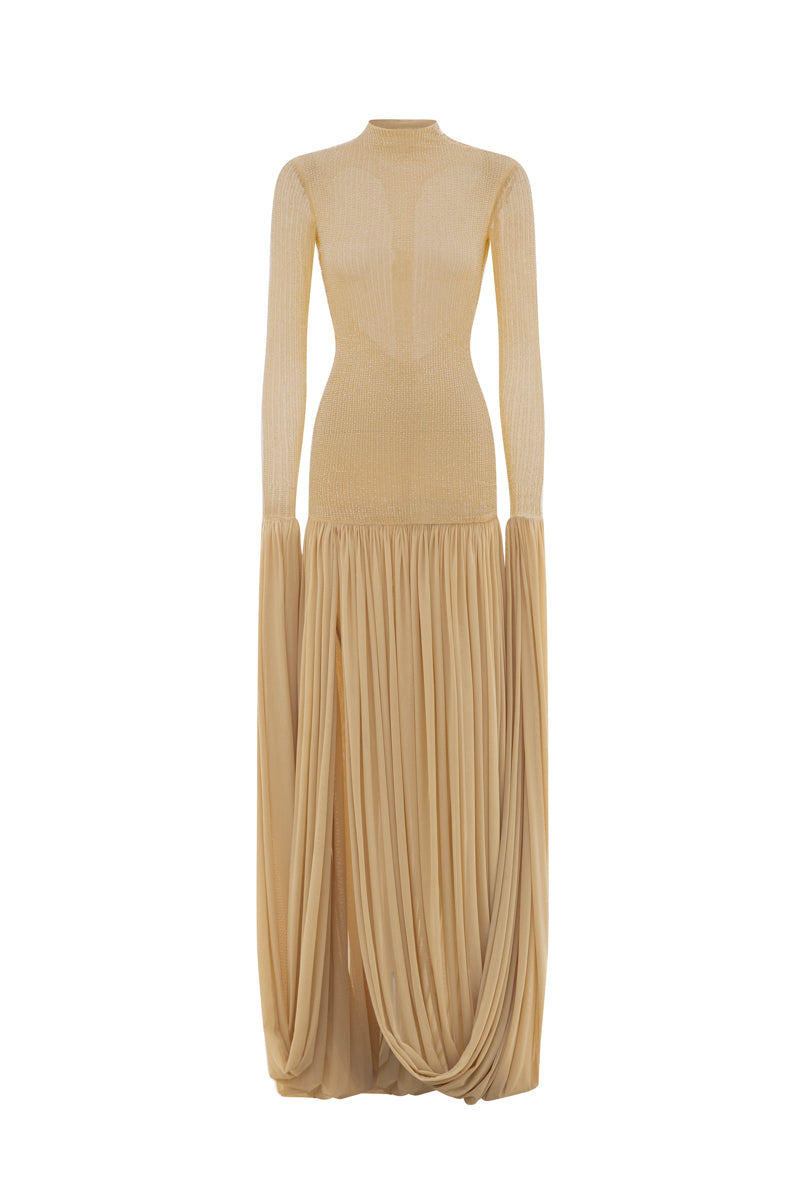 Poem Cascade gown in warm sand color, flowing gown with layered design and elegant silhouette, shown in the Ghost collection.