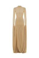 Poem Cascade gown in warm sand color, elegant gown with flowing fabric and cascading design, photographed on a white background.