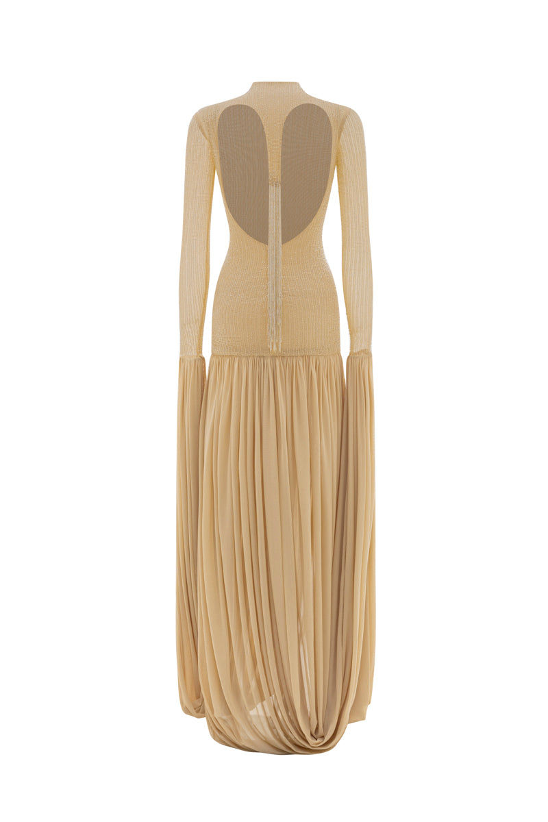 Poem Cascade gown in Warm Sand color, featuring flowing fabric and elegant design, displayed on a mannequin.
