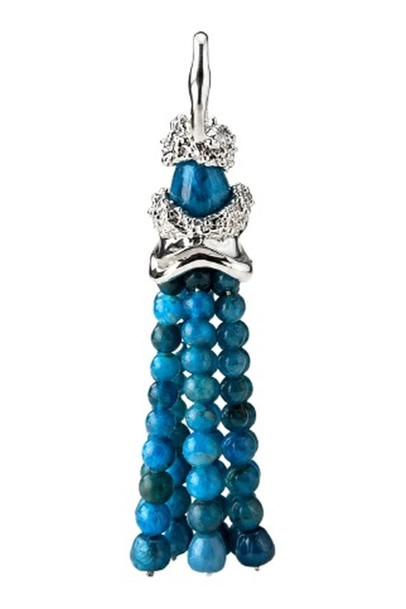 Blue rhodium-plated cascade pendant with house chain necklace by Jude Benhalim, featuring a layered, elegant design.