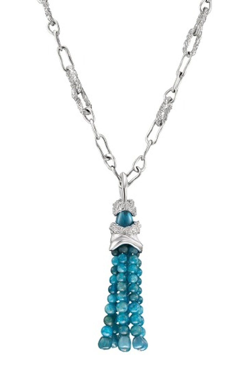 Blue rhodium-plated cascade pendant necklace with house chain by Jude Benhalim, showcasing a layered, elegant design.
