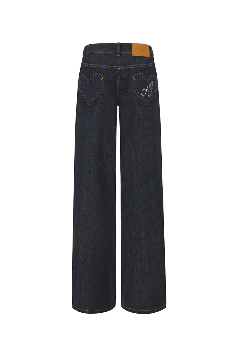 Back view of Nana Jacqueline Catalina denim pants showing heart-shaped back pockets and classic blue denim fabric.