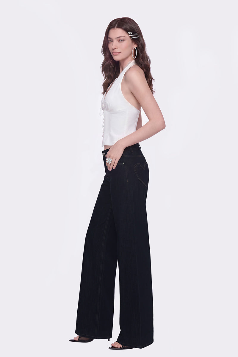 Nana Jacqueline Catalina denim pants with heart pocket detail, casual pants in classic blue denim, front view.