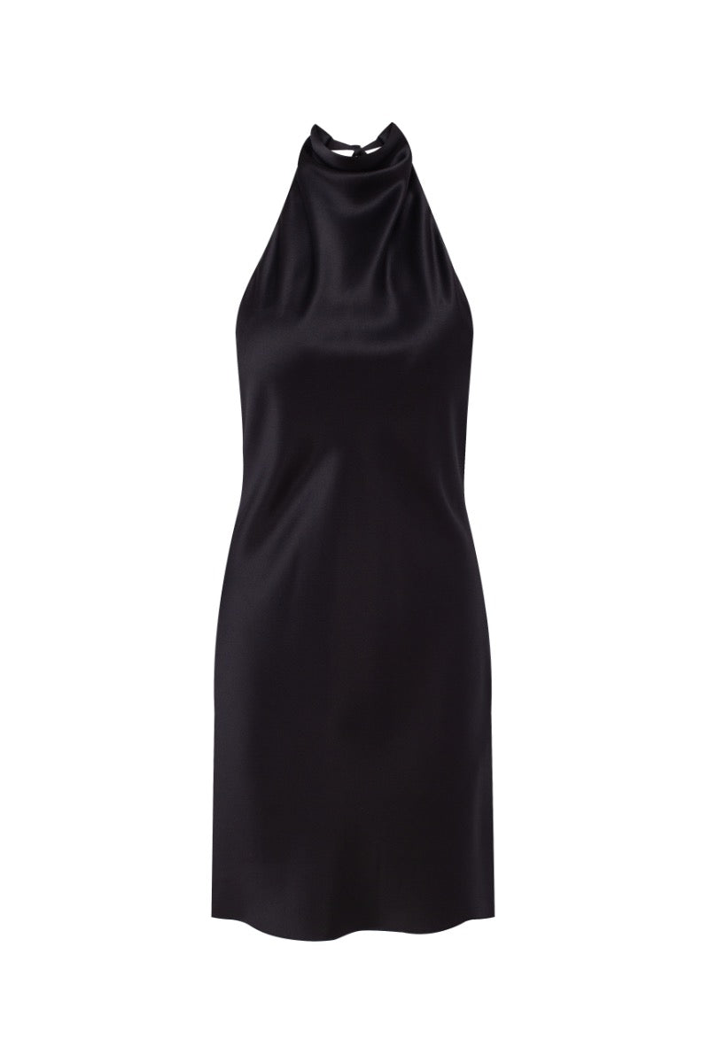 CEA BLACK SILK-SATIN BACKLESS HALTER-NECK MINI DRESS