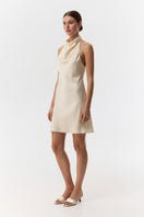 Cream silk satin backless halter-neck mini dress by Serenity, featuring a sleek, elegant design perfect for stylish occasions.