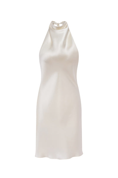 CEA BUTTER-CREAM SILK-SATIN BACKLESS HALTER-NECK MINI DRESS | CULT MIA