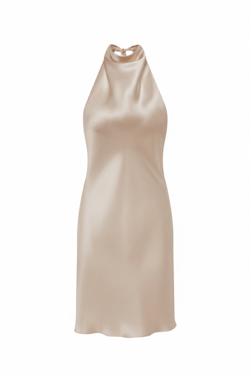 CEA PEARL-BEIGE SILK-SATIN BACKLESS HALTER-NECK MINI DRESS