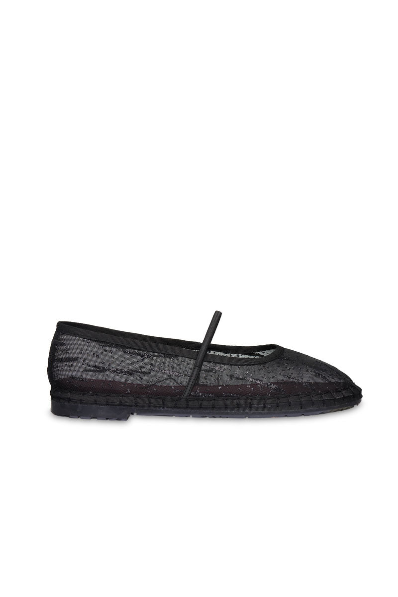 Flabelus Celie glitter mesh black flats with sparkling finish and comfortable slip-on design, perfect for casual or dressier occasions.