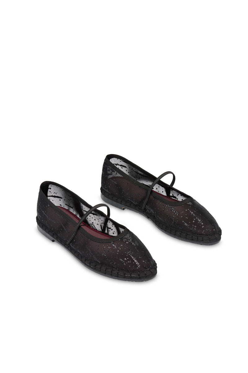 Black glitter mesh flats by Flabelus with pointed toes and sleek design, perfect for stylish, comfortable everyday wear.