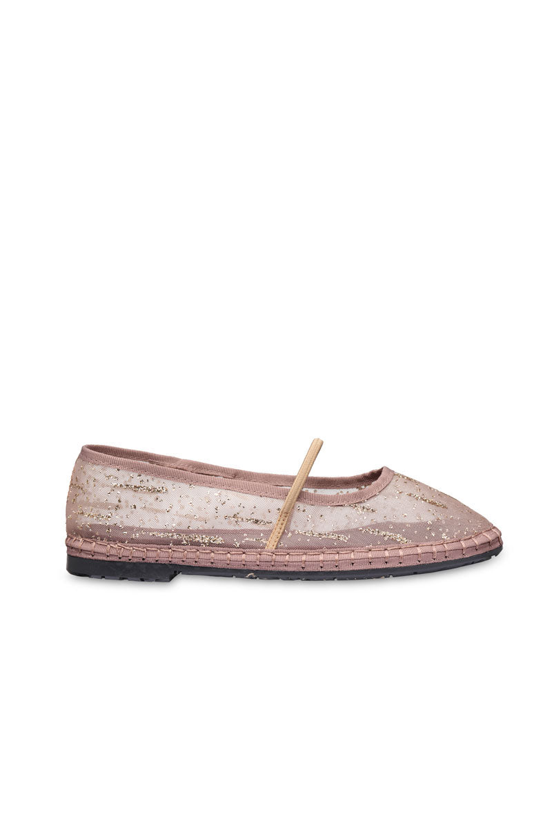 Flabelus Celie glitter mesh gold flats featuring shiny gold surface and mesh detailing, perfect for stylish casual wear.
