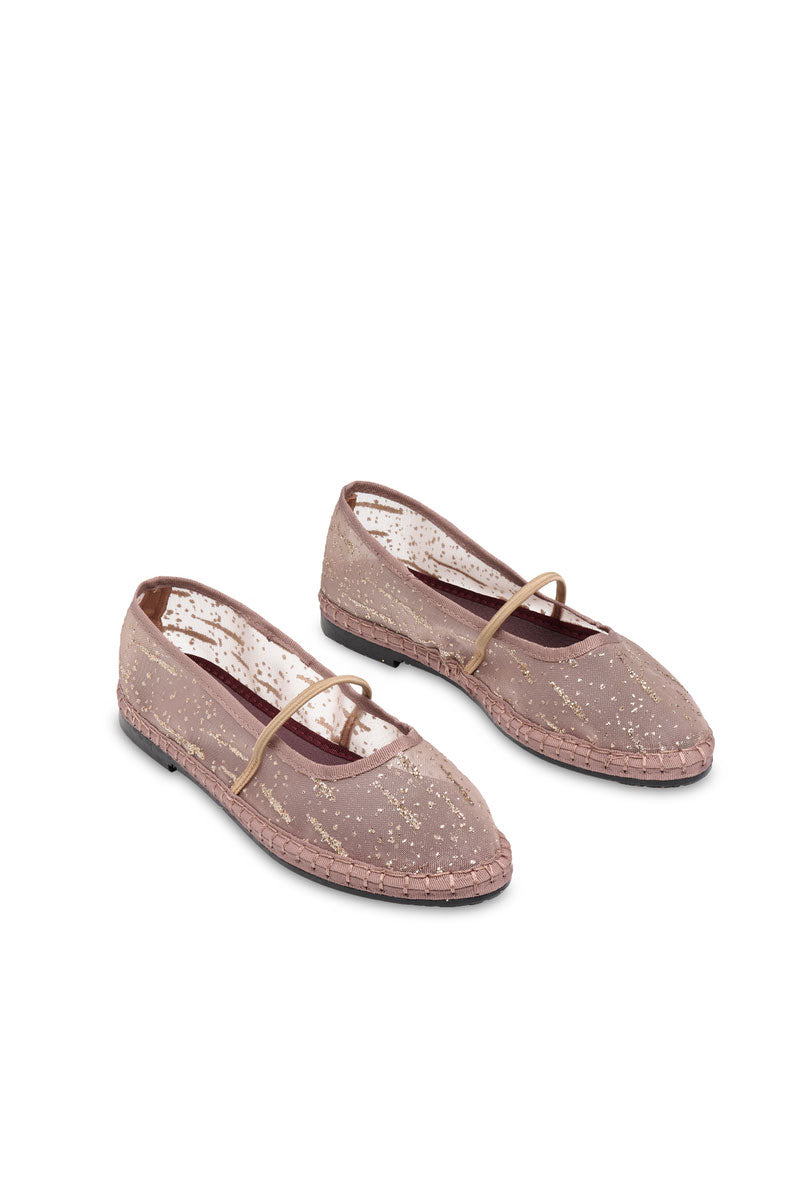 Flabelus Celie glitter mesh gold flats with sparkly fabric and pointed toe, stylish footwear for casual or dressy occasions.