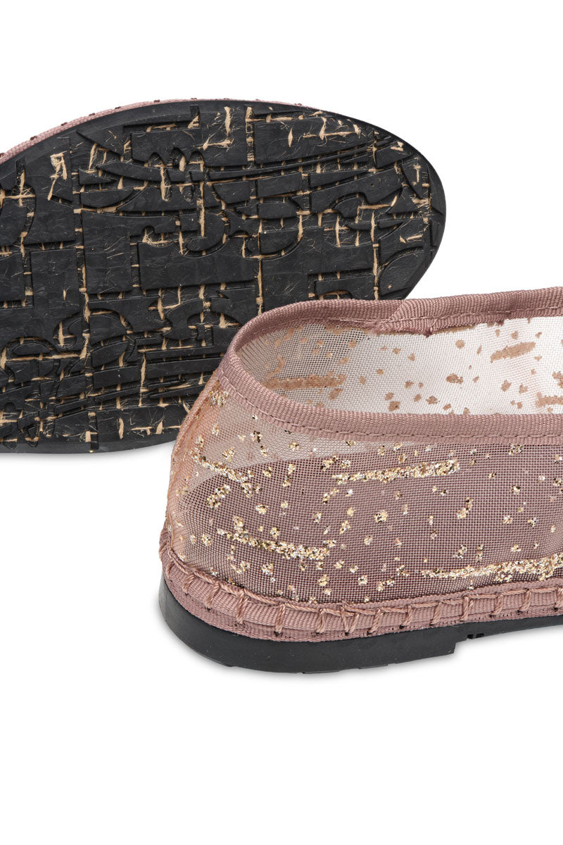 Flabelus Celie Glitter Mesh Gold Flats with shimmering gold glitter and mesh upper, flat sole, stylish and comfortable for everyday wear