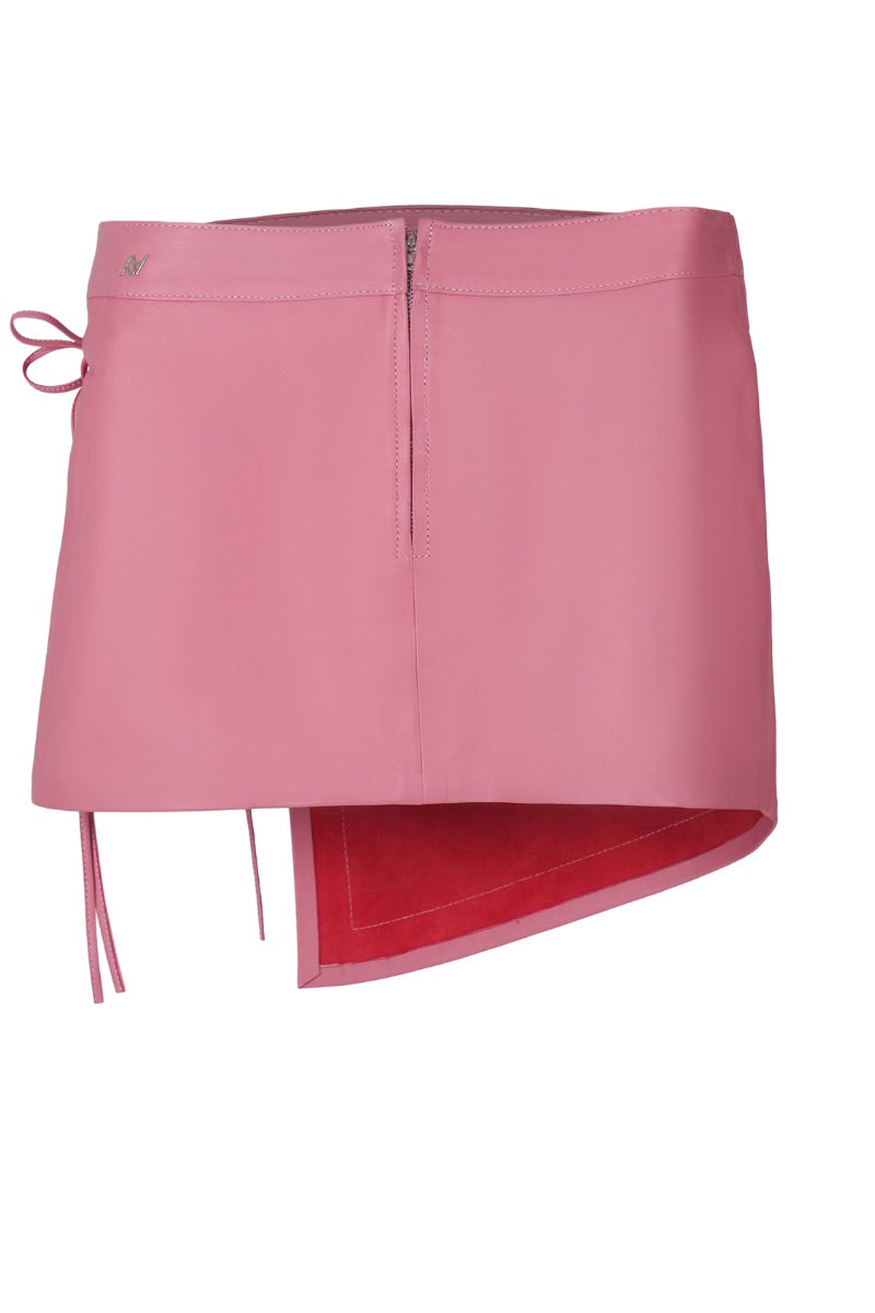 Celine blush pink leather mini skirt by Double A, featuring a fitted silhouette and stylish design, shown on a model.