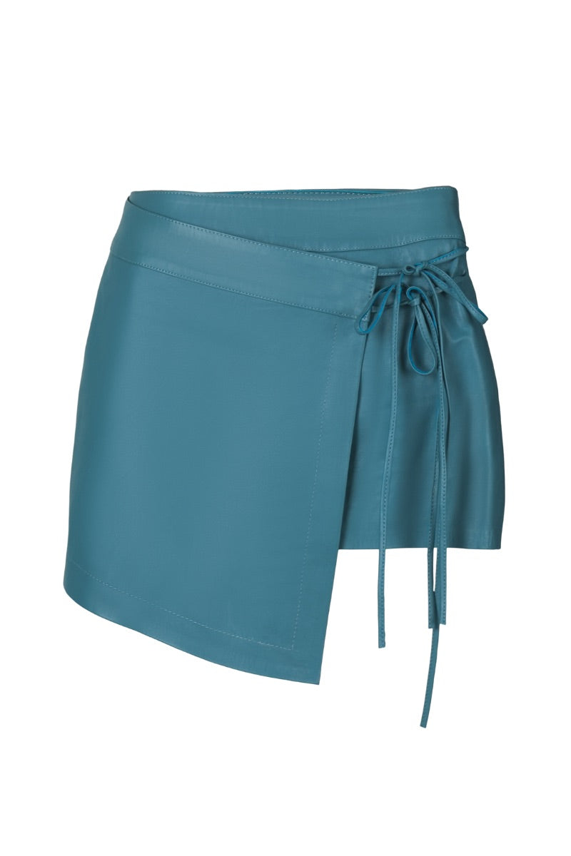 Celine leather mini skirt in vibrant cerulean blue, stylish and form-fitting, from Double A.