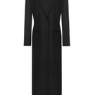 Matters black Celine coat displayed on a hanger, showcasing its sleek design and tailored fit in a close-up view.