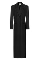 Matters black Celine coat displayed on a hanger, showcasing its sleek design and tailored fit in a close-up view.