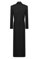 Matters black Celine coat featuring a stylish tailored design, shown hanging on a hanger with a sleek, modern look.