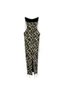Tayfun Kaba chain-embellished strapless midi dress featuring a sleek silhouette and intricate chain detailing.