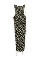Chain-embellished strapless midi dress by Tayfun Kaba, featuring a fitted bodice and elegant design, shown on a model.