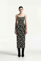 Tayfun Kaba chain-embellished strapless midi dress with fitted silhouette and elegant design, perfect for formal occasions.