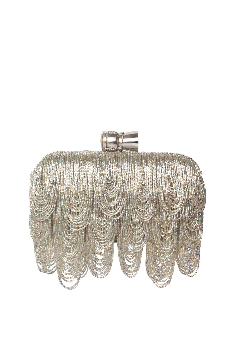 Silver champagne drip clutch purse by Sarah's Bag with a sleek, metallic finish and elegant box design.
