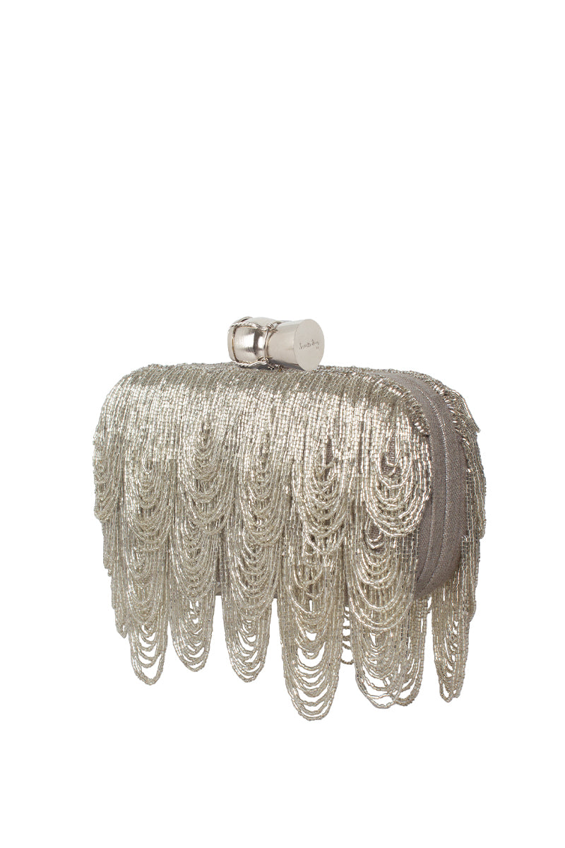 Silver champagne drip clutch by Sarah's Bag featuring a sleek, metallic box design perfect for evening events and special occasions.