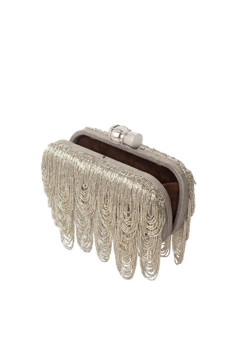 Silver champagne drip clutch by Sarah's Bag featuring a sleek, decorative box clutch with metallic silver finish and elegant design.