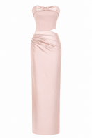 Elegant champagne draped corset gown by Monika Dimova, featuring intricate detailing and luxurious fabric for formal occasions.