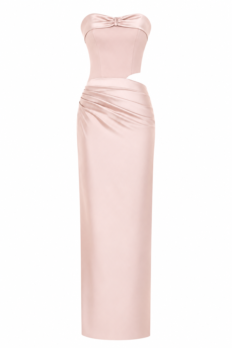 Elegant champagne draped corset gown by Monika Dimova, featuring intricate detailing and luxurious fabric for formal occasions.