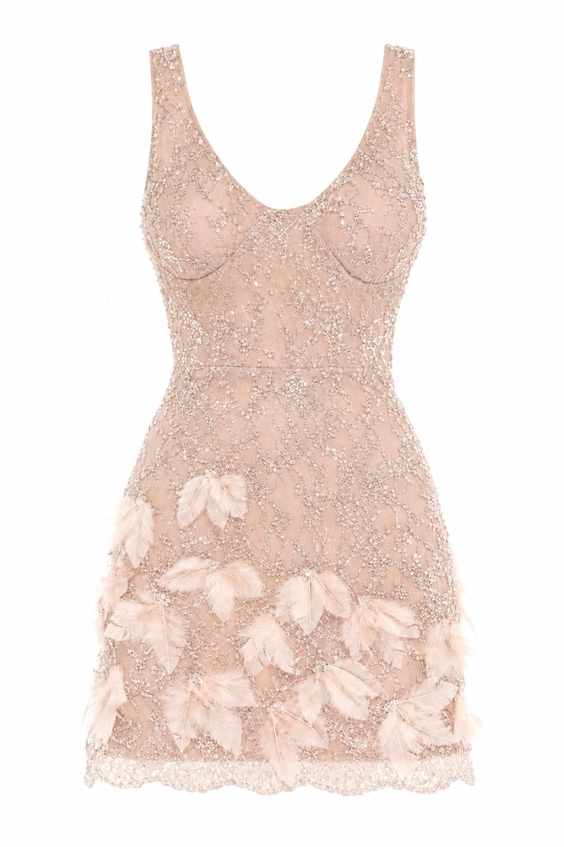 CHAMPAGNE EMBROIDERED FEATHER DRESS