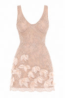 Champagne embroidered feather mini dress by Monika Dimova featuring delicate embroidery and feather details for elegant style.