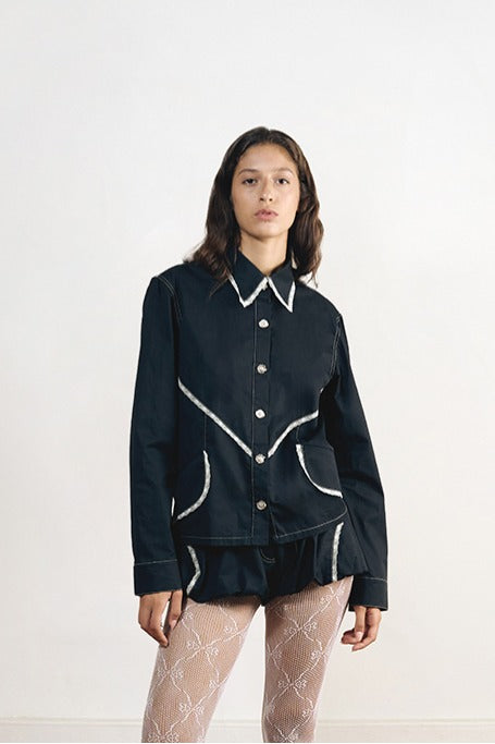 Black charcoal shirt by Yassmin Saleh, front view showing the stylish, fitted design and classic collar.