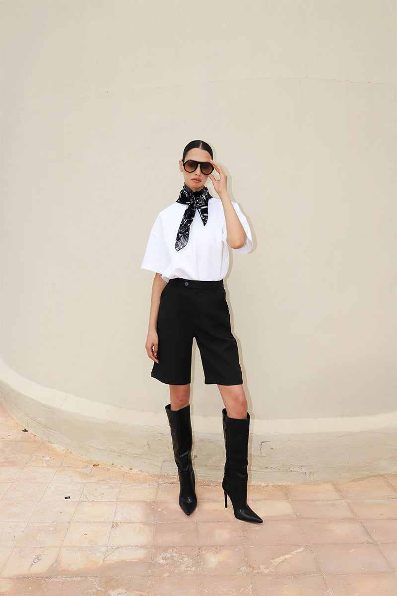 Amel Batita Charkol silk scarf styled with an outfit, showcasing lightweight, elegant design and vibrant colors.