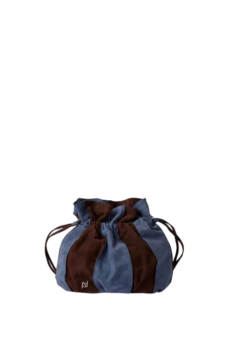 Blue Double A Charlie II suede shoulder bag with sleek design and top handle, featuring smooth suede material and subtle branding.