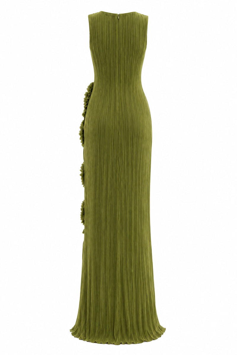 Green CULT MIA X MALYÉ VÁSQUEZ Costa Clara maxi dress with flowing fabric and elegant design, worn by a model.