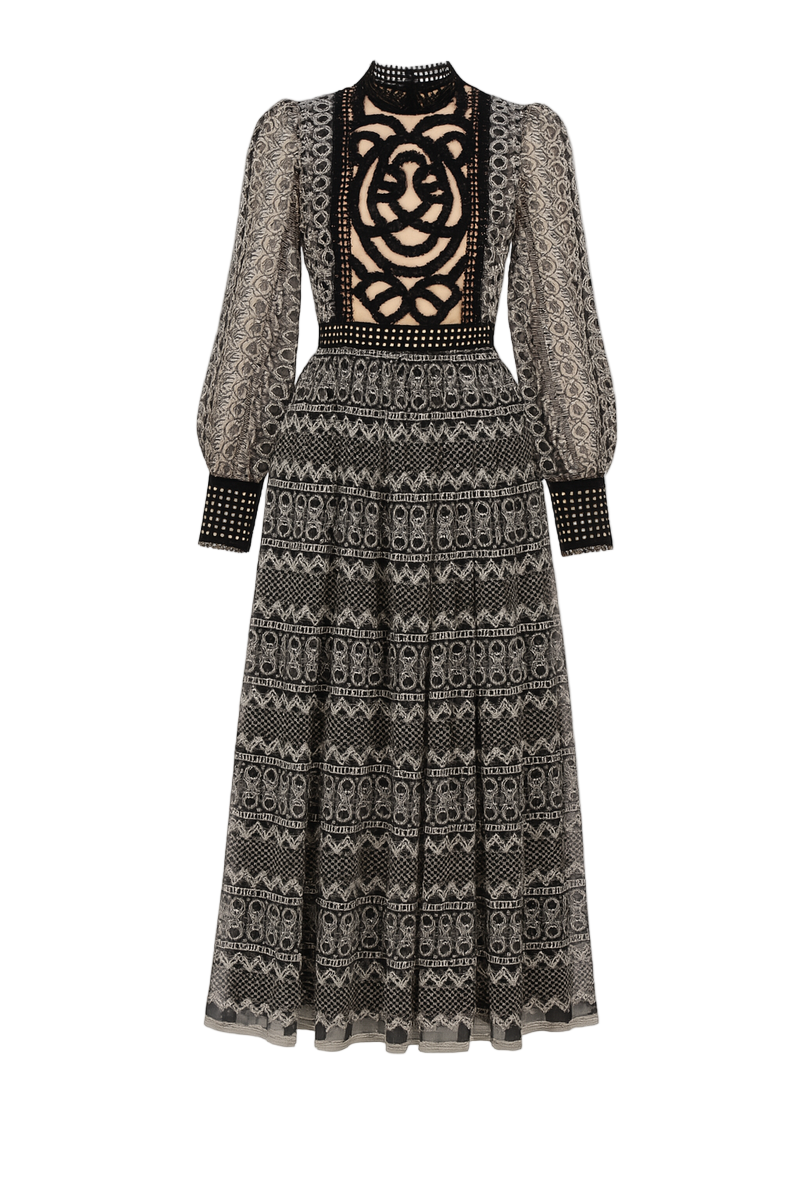 GABRIELA PLEATED PUFFY SLEEVED LACE MIDI DRESS