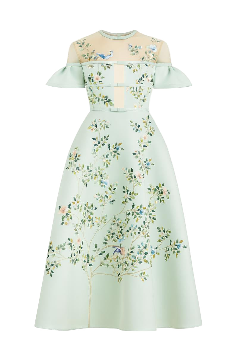 SERAPHINA A-LINE ILLUSION NECK TAFFETA SILK MIDI DRESS