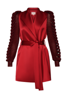 Red Liya cherry jacket featuring a classic design with a fitted silhouette and button closure, perfect for casual wear.