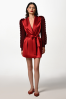 Red Liya cherry jacket with a stylish fit, featuring a classic collar and button closure, perfect for casual wear.