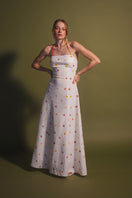 Colorful rainbow cherry tomato maxi dress by Estefania, featuring vibrant cherry tomato print and flowing maxi length style.