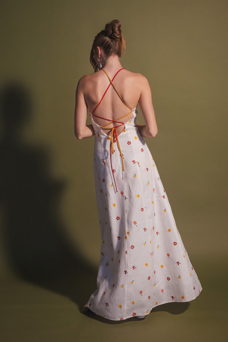 Colorful rainbow cherry tomato print maxi dress by Estefania, flowing fabric and vibrant pattern perfect for summer wear.