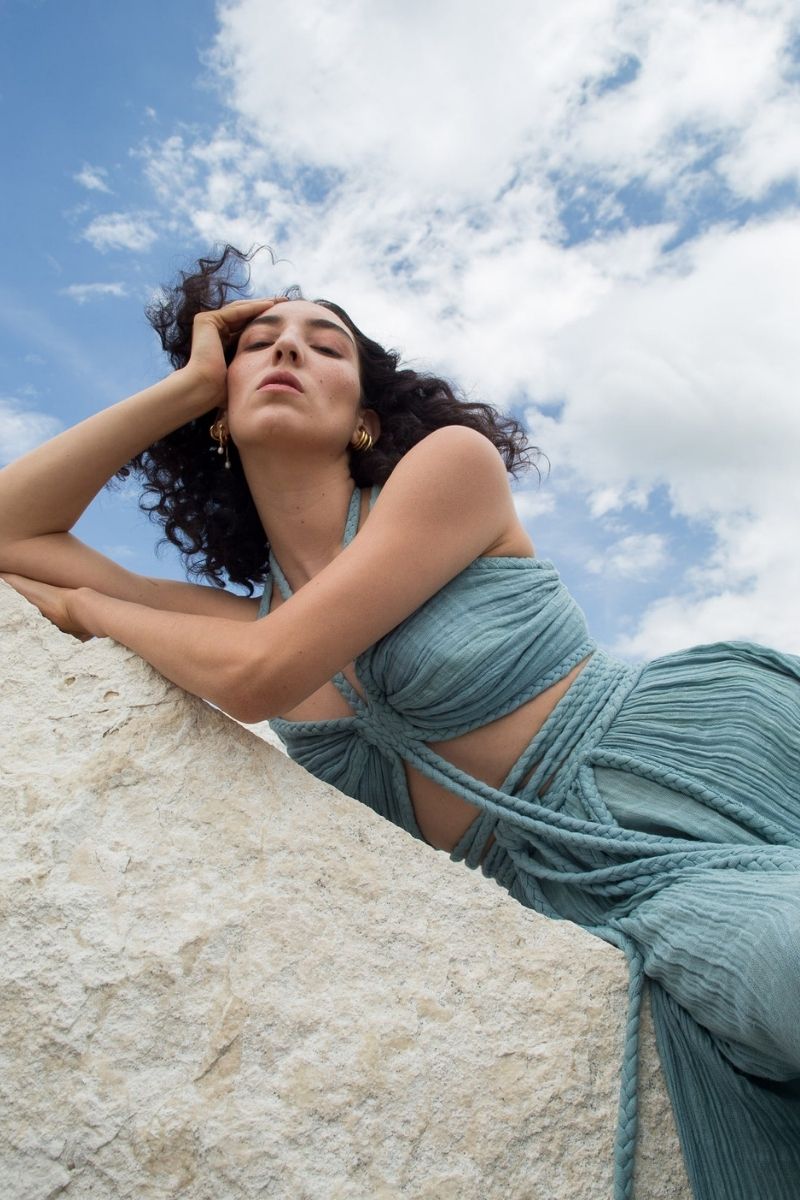 Kasia Kulenty Chiara co-ord set in vibrant aqua, featuring matching top and pants with a stylish, casual fit.