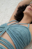 Kasia Kulenty Chiara Aqua co-ords set featuring a matching top and pants in vibrant aqua fabric, casual and stylish ensemble.