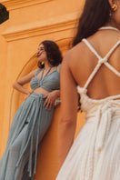 Kasia Kulenty Chiara Aqua co-ord set featuring a matching top and pants in vibrant aqua fabric.