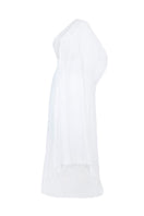 White chiffon pleated asymmetric maxi dress by BBXBRAND featuring flowing fabric and elegant design.