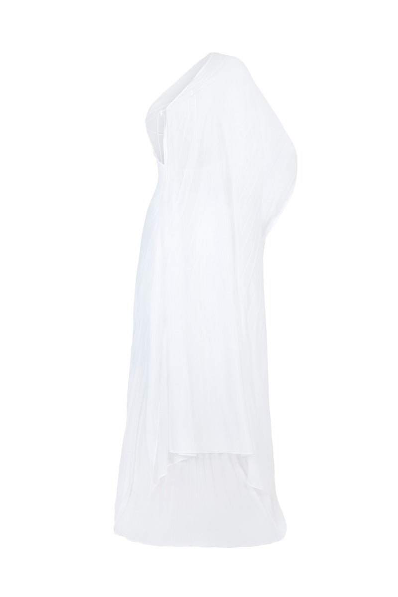 White chiffon pleated asymmetric maxi dress by BBXBRAND featuring flowing fabric and elegant design.