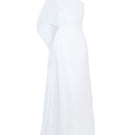 White chiffon pleated asymmetric maxi dress by BBXBRAND, featuring flowing fabric and elegant design, shown from the front.