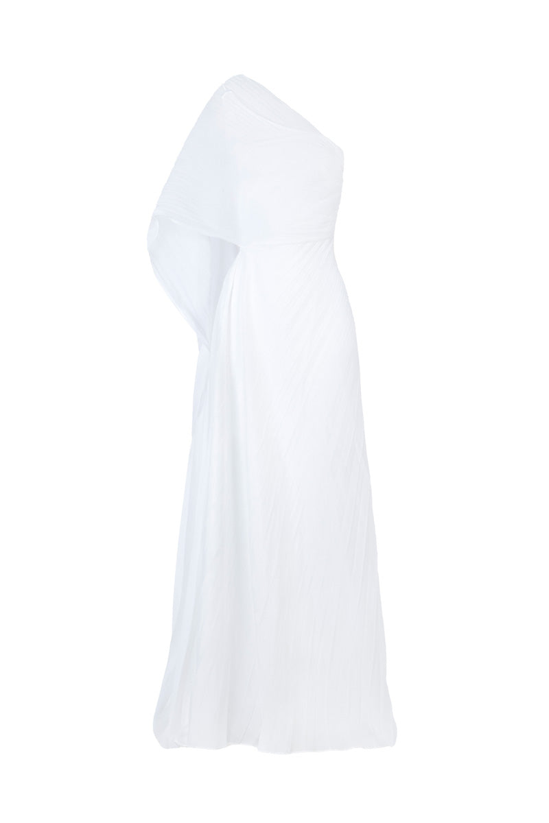 CHIFFON PLEATED ASYMMETRIC MAXI IN WHITE