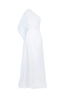 White chiffon pleated asymmetric maxi dress by BBXBRAND, featuring flowing fabric and elegant design, shown from the front.