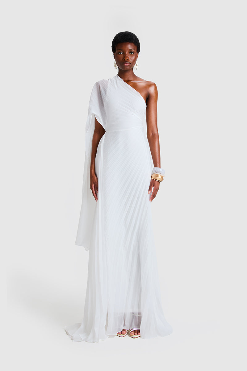 CHIFFON PLEATED ASYMMETRIC MAXI IN WHITE - CULT MIA